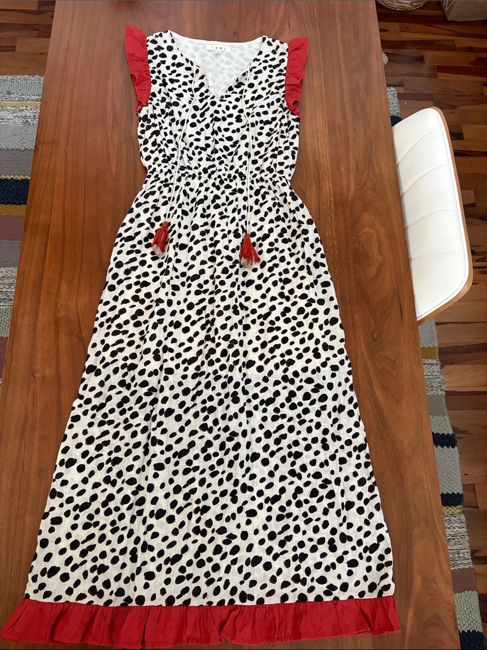 THML Boutique Dalmatian Print Midi Dress with Red Ruffle Trim Tassel Tie Size XS - Picture 3 of 9